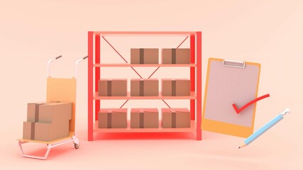 Stock around the cart and notepad on a pink background.-3d rendering..