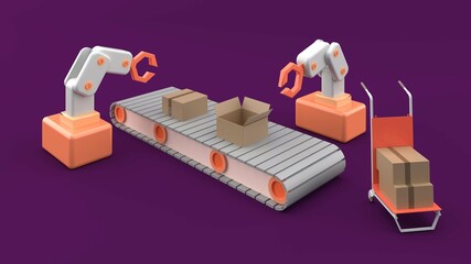 The production line and the robot arm on the purple background.-3d rendering..