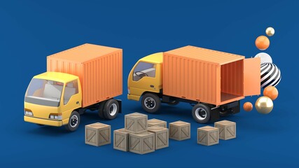 The cargo box is surrounded by a container truck on a blue background.-3d rendering..