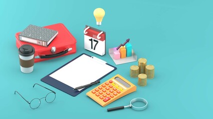 A note board surrounded by a calculator, a coffee mug, silver, chart and a briefcase on a blue background.-3d rendering..