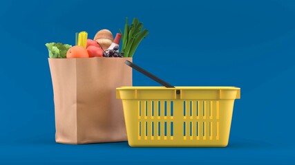 The shopping basket is on the side of the supermarket bag on the back of the blue color.-3d...
