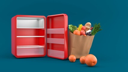 The open fridge has a shopping bag on the side above the blue background.-3d rendering.