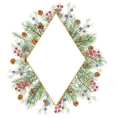 Christmas winter illustration. Diamond-shaped frame with watercolor spruce twigs, cones, blue and red berries