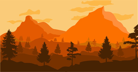 sunset in the mountains, view of mountains at dusk, expanse of mountains and trees, orange sky, mountains background, illustration at dusk in the mountains