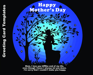 illustration of pregnant mother, with blue silhouette, greeting card on mother's day, happy world mother's day
