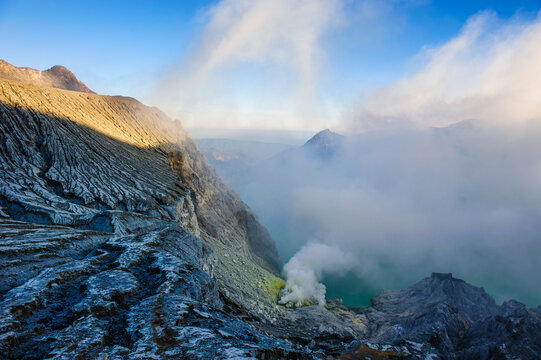 Indonesia, Java, East Java, Steaming sulphur in the acid Ijen crater lake