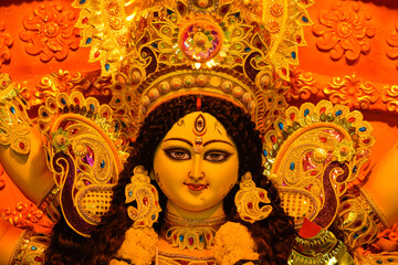 Durga Puja - Face of goddess Durga, Durga thakur of Kolkata, India.