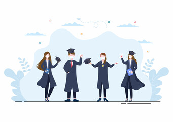 Happy Graduation Day of Students Celebrating Background Vector Illustration Wearing Academic Dress, Graduate Cap and Holding Diploma in Flat Style