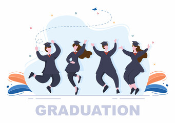 Happy Graduation Day of Students Celebrating Background Vector Illustration Wearing Academic Dress, Graduate Cap and Holding Diploma in Flat Style