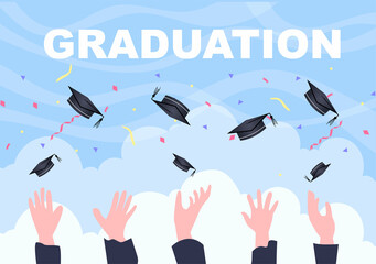 Fototapeta na wymiar Happy Graduation Day of Students Celebrating Background Vector Illustration Wearing Academic Dress, Graduate Cap and Holding Diploma in Flat Style