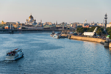Russia, Moscow, View over the city and the Moskva river at sunset