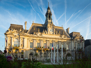 Impressive architecture of Tours Town Hall in rays of morning sun, France..