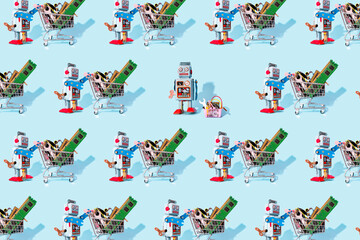 Pattern of vintage robot toys pushing miniature shopping carts with single one standing with basket instead