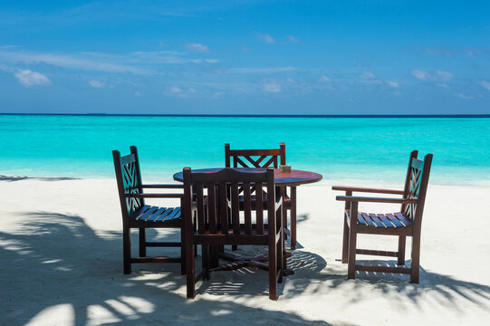 Maledives, Ari Atoll, Nalaguraidhoo, Sun Island Resort, chairs and table of