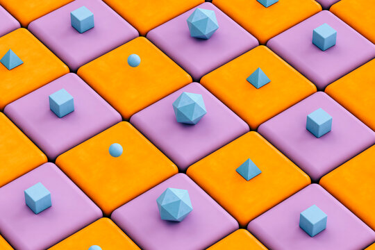 Blue pyramids, cubes and platonic icosahedrons on orange and violet background - Abstract 3D render
