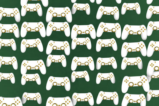 Pattern of white and gold colored video game consoles