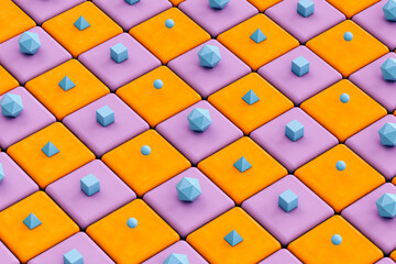 Blue pyramids, cubes and platonic icosahedrons on orange and violet background - Abstract 3D render