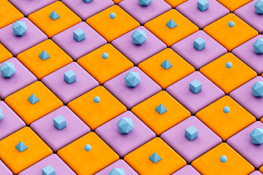 Blue pyramids, cubes and platonic icosahedrons on orange and violet background - Abstract 3D render