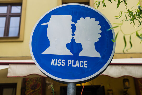 Ukraine, Lviv, Kiss place sign
