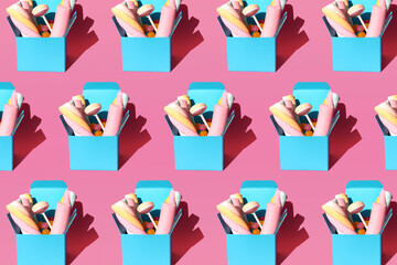 Pattern of various sweets packed in turquoise gift boxes