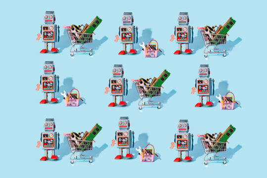 Pattern of vintage robot toys standing by miniature shopping carts and baskets filled with electronic equipment