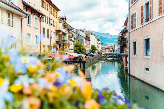 Old city center with river and mountains at Annecy, France