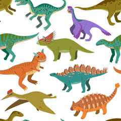 Seamless pattern with cute cartoon doodle dinosaurs and nature elements, rocks, leaves and stars. Adorable children design.