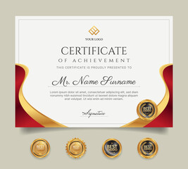 Luxury gold and red diploma certificate with badges template