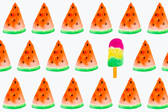 Ice cream bar and watermelons painting on white background