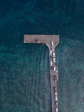 Aerial view of cars at the pier, Nusa Penida island, Bali, Indonesia