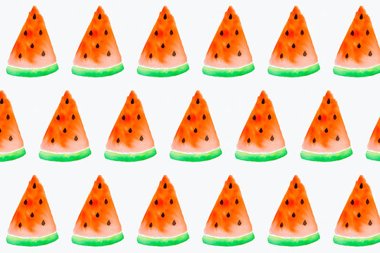 Pattern of watermelon slices painted on white background