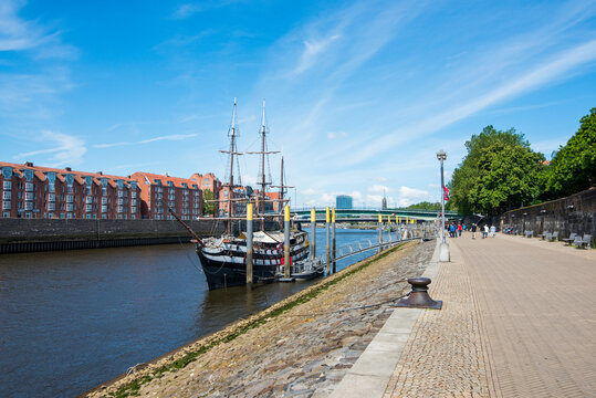 Germany, Bremen, Admiral Nelson sailing boat, restaurant ship on the Weser river