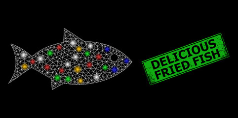 Glowing mesh net fish with multi colored light dots, and grunge Delicious Fried Fish seal. Green stamp seal contains Delicious Fried Fish title inside framed rectangle.