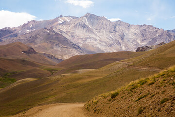 Mountain view on the Andes from valley near Las Lenas in Argentina