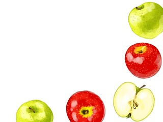 手描き水彩の赤りんごと青りんごのイラスト長方形フレーム・右下