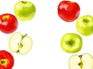 手描き水彩の赤りんごと青りんごのイラスト長方形フレーム・左右