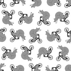 Bear on bicycle pixel art pattern seamless. pixelated Beast is riding bicycle background. 8 bit Cartoon childrens texture. Baby fabric texture