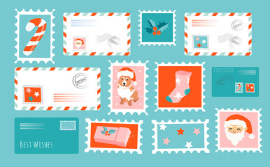 vector illustration on the theme of congratulations merry christmas. set of stamps and envelopes with Christmas patterns. trend illustration in flat style