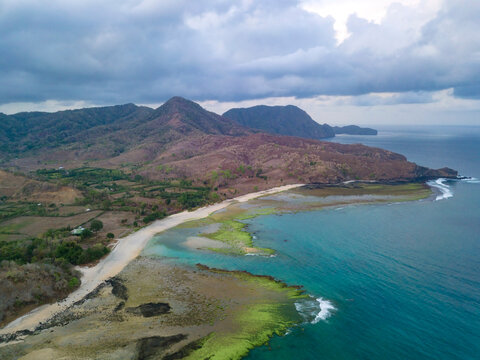 Indonesia, West Sumbawa, Maluk beach, Aerial view of Super Suck surf point
