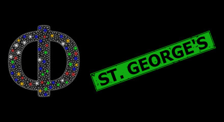 Fototapeta premium Glare mesh network Phi Greek symbol with colorful glowing spots, and grunge St. George'S seal stamp. Green stamp seal has St. George'S text inside framed rectangle.