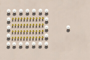 Indonesia, Bali, Aerial view of arrangement of potted palm trees and beach umbrellas onÔøΩNusaÔøΩDuaÔøΩbeach