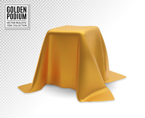 Vector realistic box covered with golden silk cloth on transparent background. Empty podium, stand with tablecloth to show magic tricks. Secret gift, hidden under satin fabric with drapery and folds - 462774772