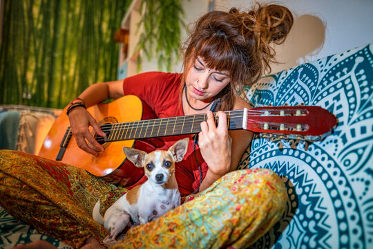 Hippie woman playing guitar while sitting with chihuahua on sofa at home