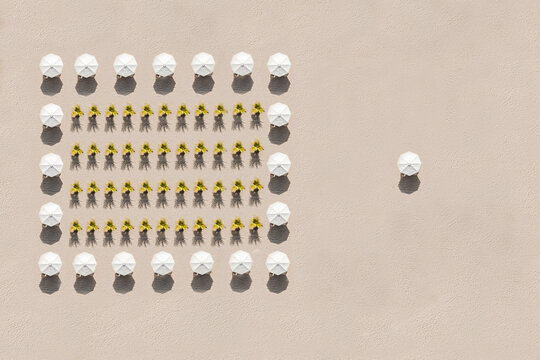 Indonesia, Bali, Aerial view of arrangement of potted palm trees and beach umbrellas onÔøΩNusaÔøΩDuaÔøΩbeach