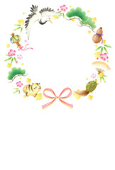 年賀状2022年　寅と縁起物のお正月リース　手描き色鉛筆画