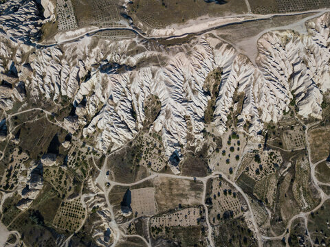 Aerial view of volcanic tuff formations at Cappadocia during sunny day, Turkey