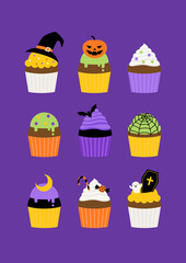 Vector illustration of Halloween cup cakes.