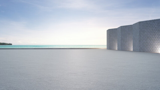 Empty concrete floor and gray wall. 3d rendering of sea view plaza with clear sky background.