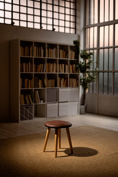 Empty stool with bookshelf behind
