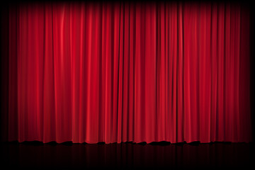 Red velvet curtain in theater or cinema. Vector background with closed stage curtains with drapery, spot of light and reflection on glossy floor. Red fabric drapes lit by searchlight - 462776310